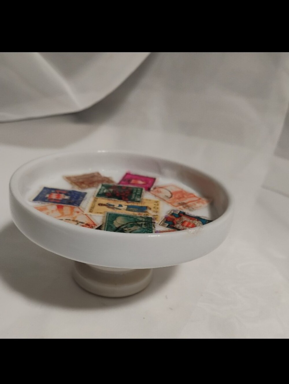 Upcycled Vintage Insulator Pedestal Dish/vintage Stamp Collage/Colorful/Unique